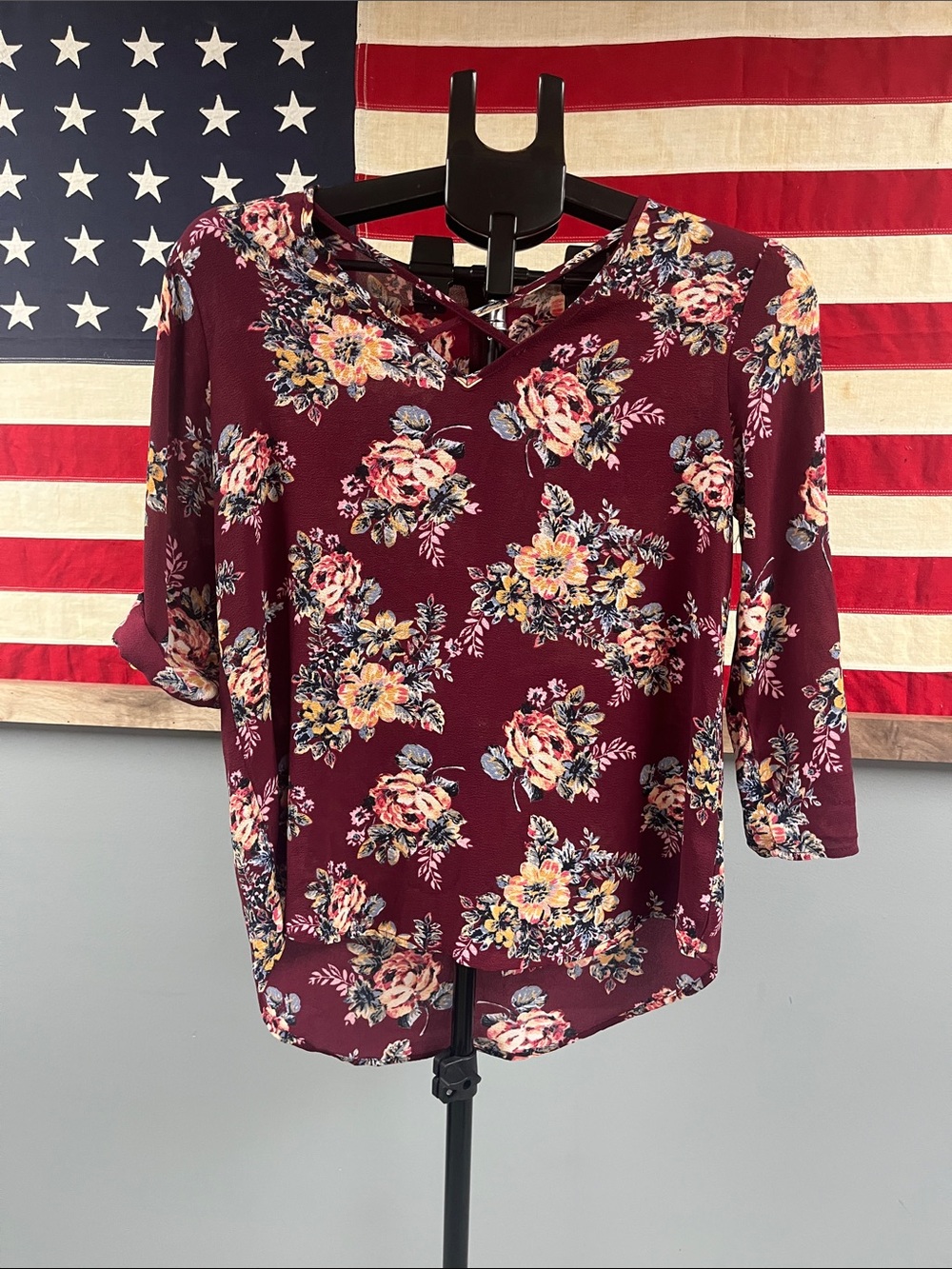 Pink Republic Burgundy Floral Crisscross V-Neck Blouse